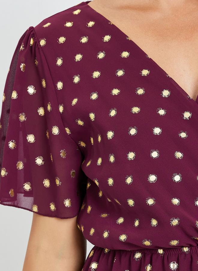 Styli Women Burgundy Polka Dot Print A-Line Maxi Dress - Image 4